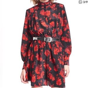THE KOOPLES SILK SHIRT DRESS silk nwot dots & roses red designer formal $600